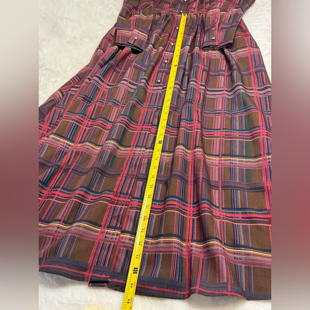 Oyrosy Retro Elegant Classy Lapel Reddish Brown Plaid Maxi Dress w/ Pockets - Picture 14 of 16